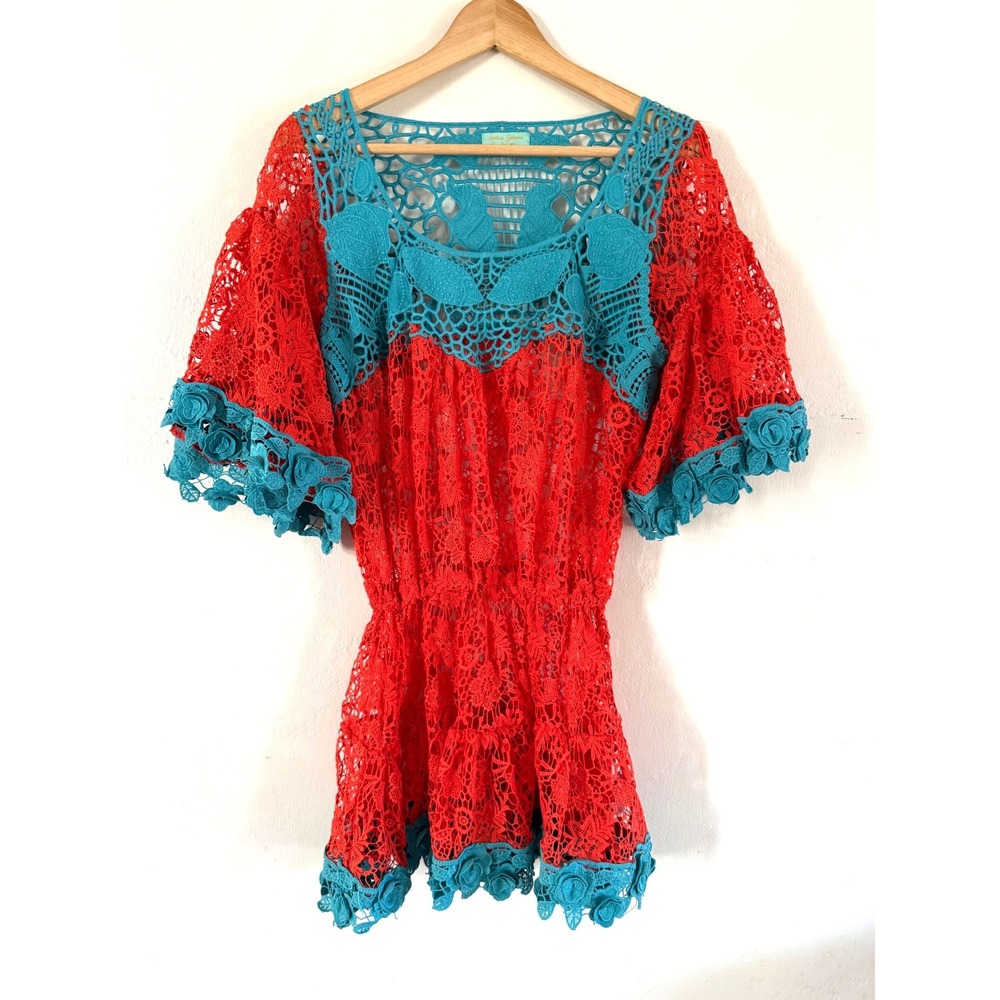 Antica Sartoria Giacomo Cinque Red Turquoise Lace Floral Beach Cover Up Tunic OS